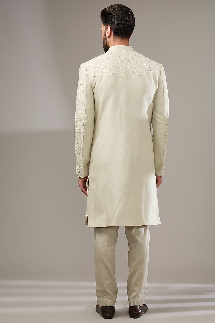 Cream Bemberg Silk Thread Embroidered Groom Sherwani Set by PAARSH at Pernia's Pop Up Shop