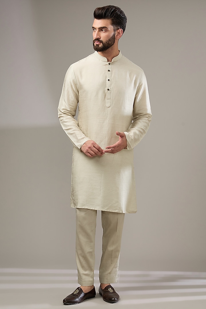 Cream Bemberg Silk Thread Embroidered Groom Sherwani Set by PAARSH at Pernia's Pop Up Shop