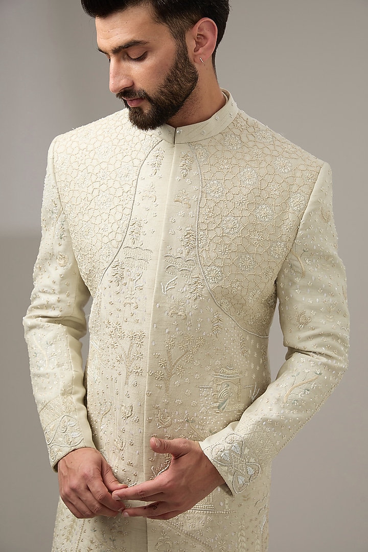 Cream Bemberg Silk Thread Embroidered Groom Sherwani Set by PAARSH at Pernia's Pop Up Shop