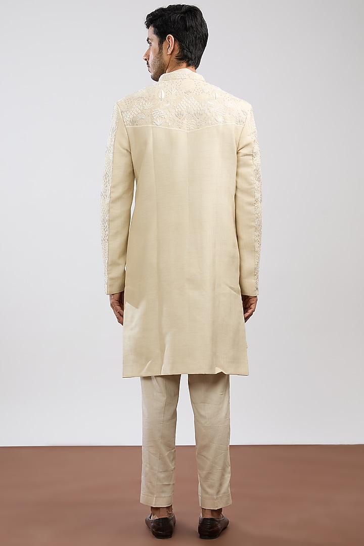 Ivory Linen Satin Embroidered Groom Sherwani Set by PAARSH at Pernia's Pop Up Shop