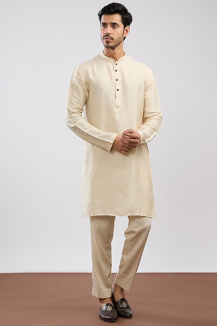 Ivory Linen Satin Embroidered Groom Sherwani Set by PAARSH at Pernia's Pop Up Shop