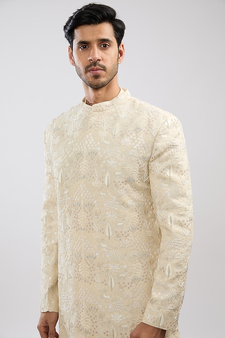 Ivory Linen Satin Embroidered Groom Sherwani Set by PAARSH at Pernia's Pop Up Shop