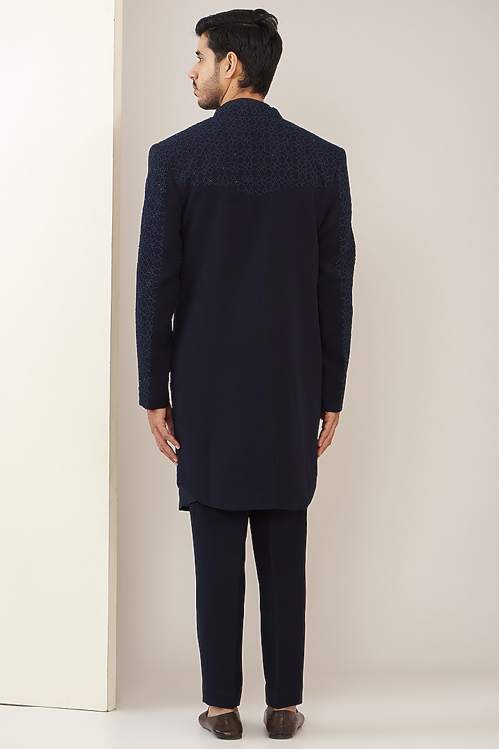 Navy Blue Suiting Cutdana Zardosi Embroidered Achkan Set by PAARSH at Pernia's Pop Up Shop