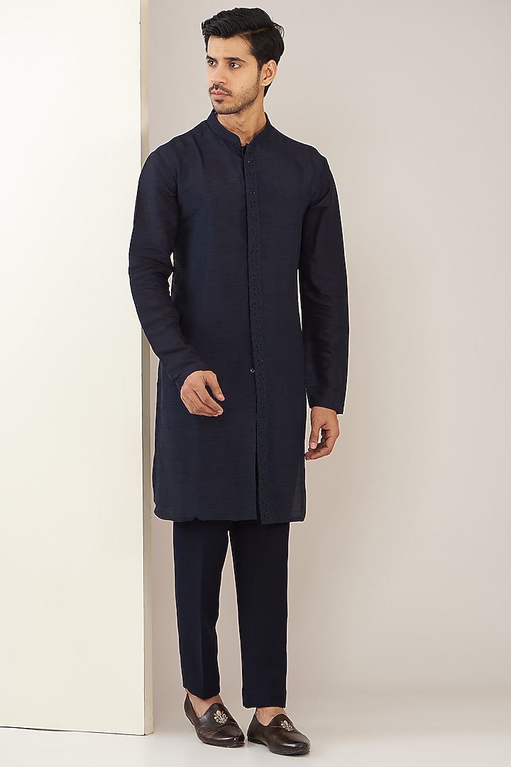 Navy Blue Suiting Cutdana Zardosi Embroidered Achkan Set by PAARSH at Pernia's Pop Up Shop