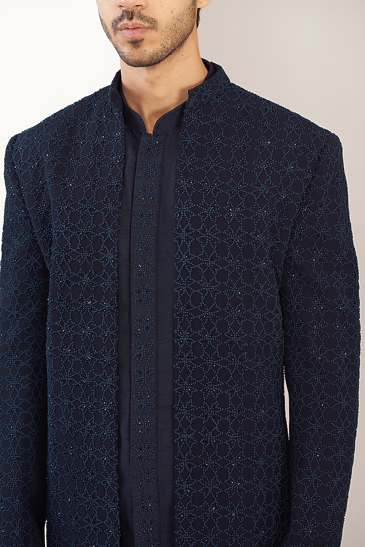 Navy Blue Suiting Cutdana Zardosi Embroidered Achkan Set by PAARSH at Pernia's Pop Up Shop