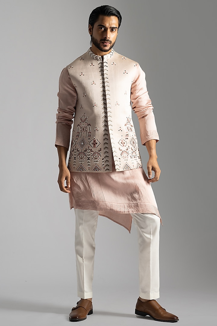 Dusty Pink Linen Satin Threadwork Nehru Jacket Set by PAARSH