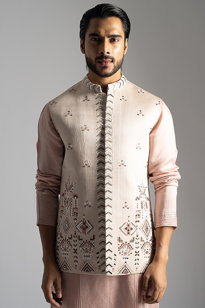 Dusty Pink Linen Satin Threadwork Nehru Jacket Set by PAARSH at Pernia's Pop Up Shop