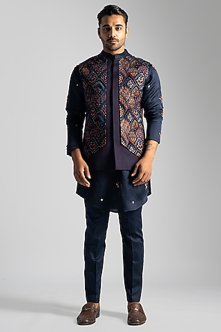 Navy Blue Linen Satin Embroidered Nehru Jacket Set by PAARSH
