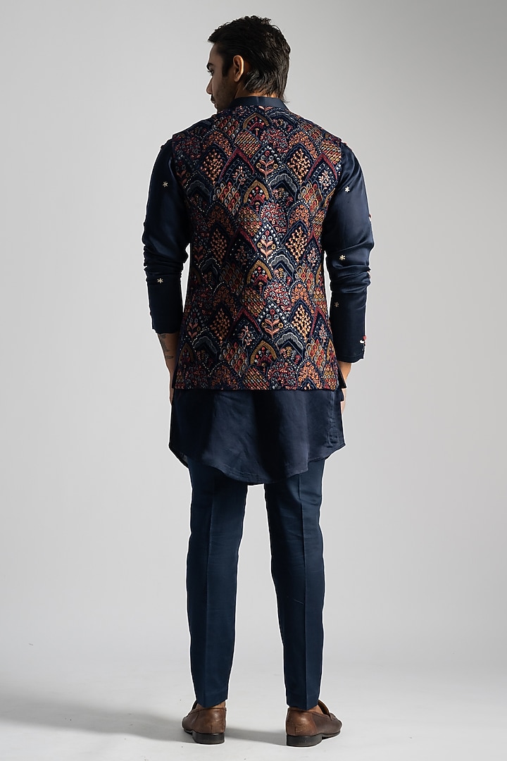 Navy Blue Linen Satin Embroidered Nehru Jacket Set by PAARSH at Pernia's Pop Up Shop