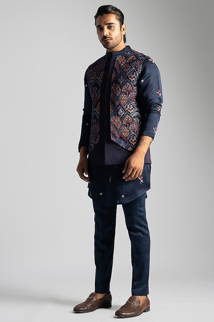 Navy Blue Linen Satin Embroidered Nehru Jacket Set by PAARSH at Pernia's Pop Up Shop