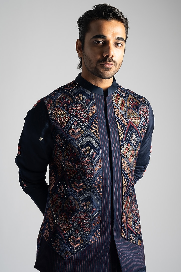 Navy Blue Linen Satin Embroidered Nehru Jacket Set by PAARSH at Pernia ...