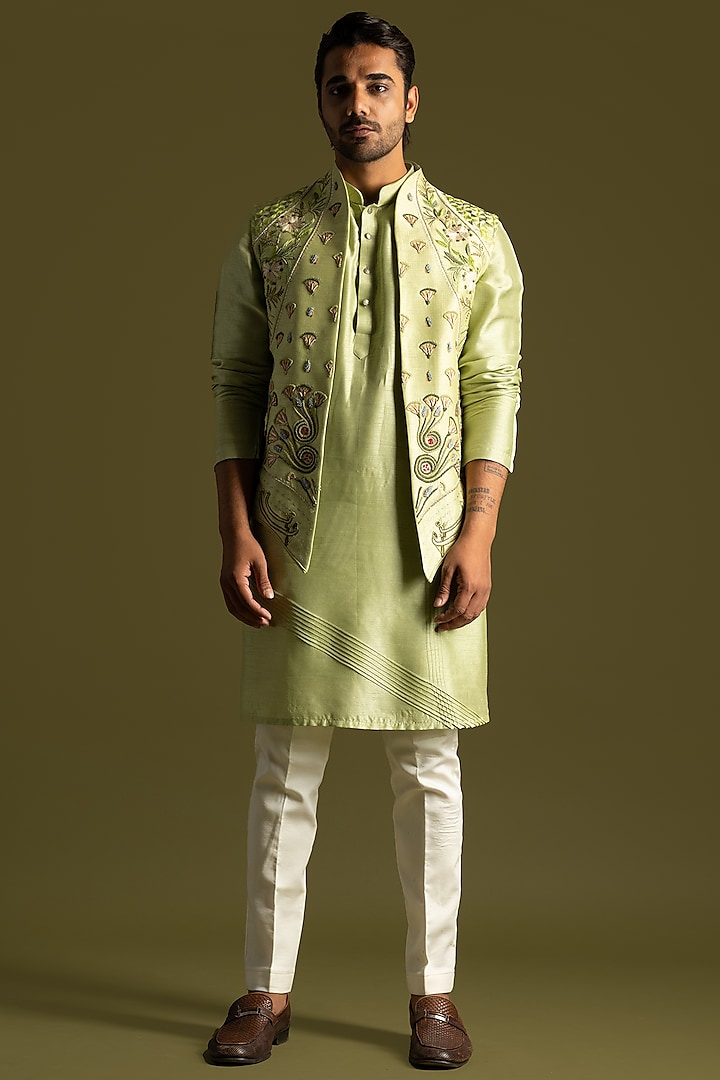Pistachio Green Bemberg Silk & Cotton Thread Embroidered Indowestern Set by PAARSH