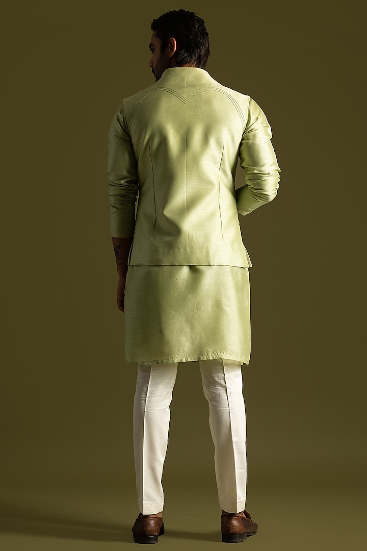 Pistachio Green Bemberg Silk & Cotton Thread Embroidered Wedding Indowestern Set by PAARSH at Pernia's Pop Up Shop