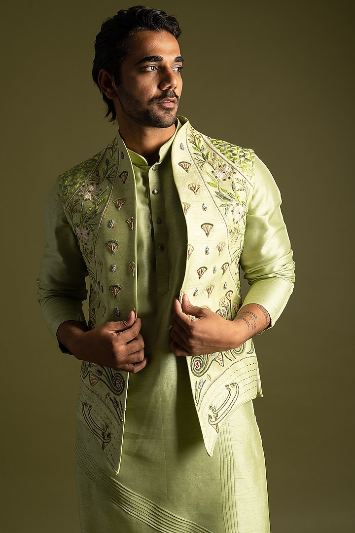 Pistachio Green Bemberg Silk & Cotton Thread Embroidered Wedding Indowestern Set by PAARSH at Pernia's Pop Up Shop
