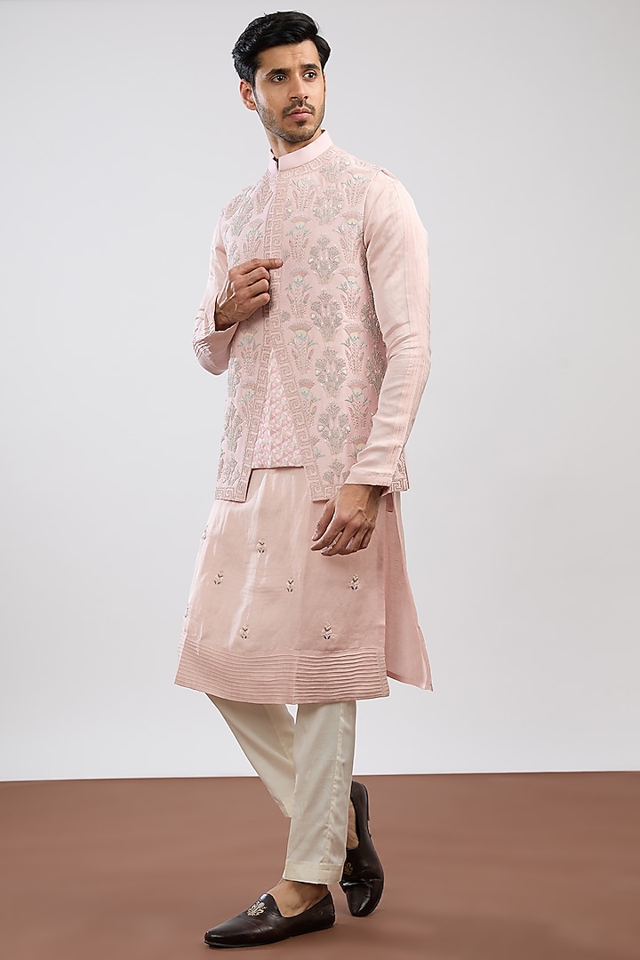 Pastel Pink Silk Embroidered Nehru Jacket Set by PAARSH