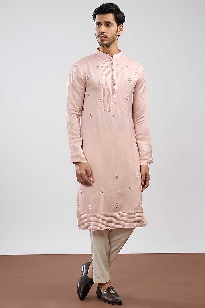 Pastel Pink Silk Embroidered Nehru Jacket Set by PAARSH at Pernia's Pop Up Shop