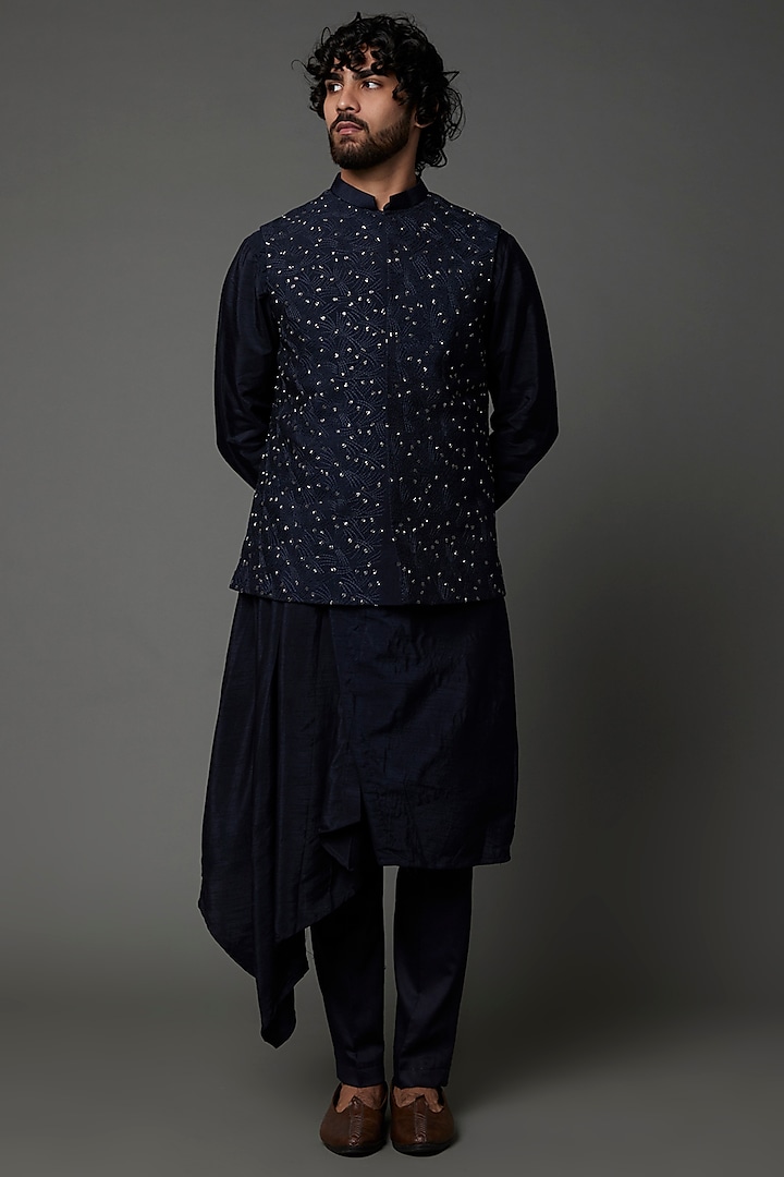 Navy Blue Raw Silk Bundi Jacket With Kurta Set by PAARSH