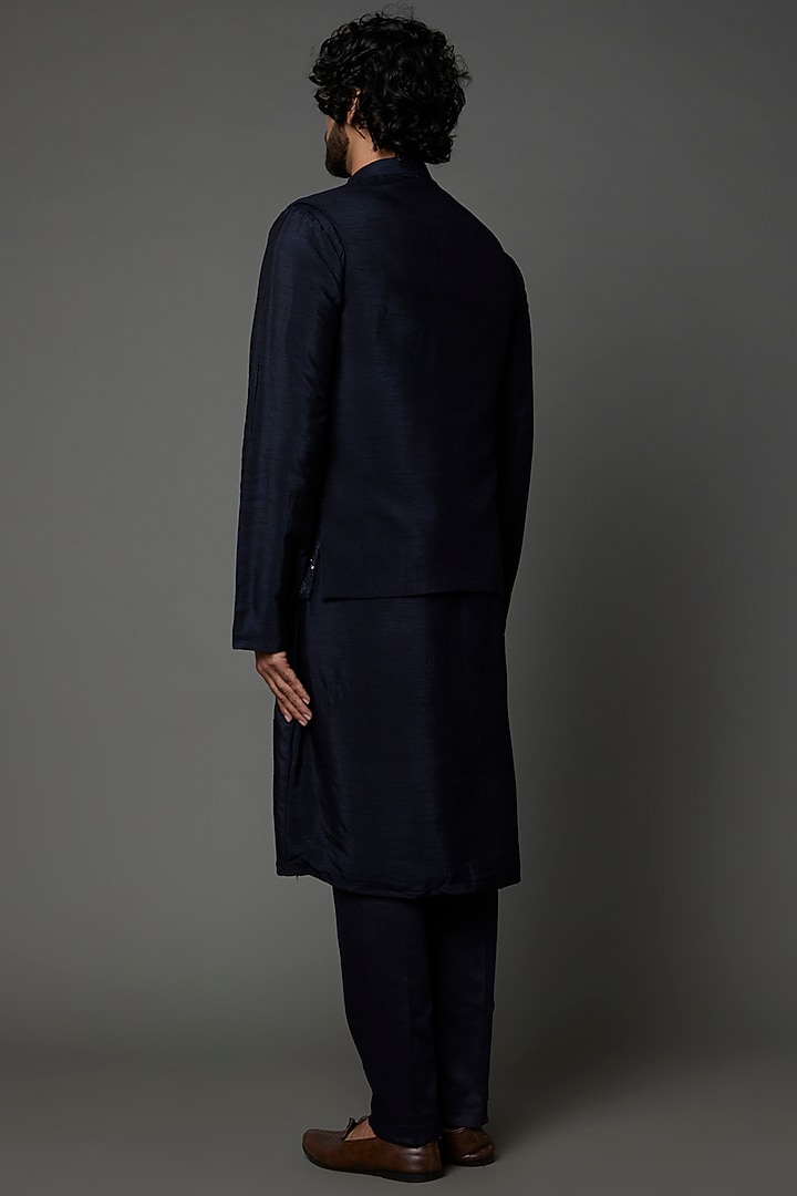 Navy Blue Rww Silk & Cotton Bundi Jacket Set by PAARSH at Pernia's Pop Up Shop