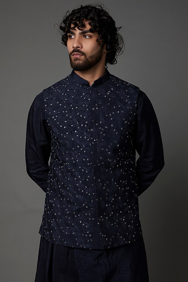 Navy Blue Rww Silk & Cotton Bundi Jacket Set by PAARSH at Pernia's Pop Up Shop