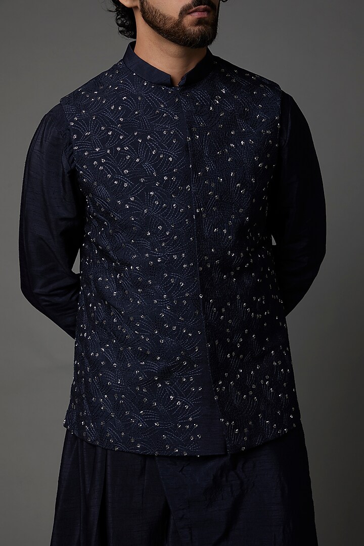 Navy Blue Rww Silk & Cotton Bundi Jacket Set by PAARSH at Pernia's Pop Up Shop