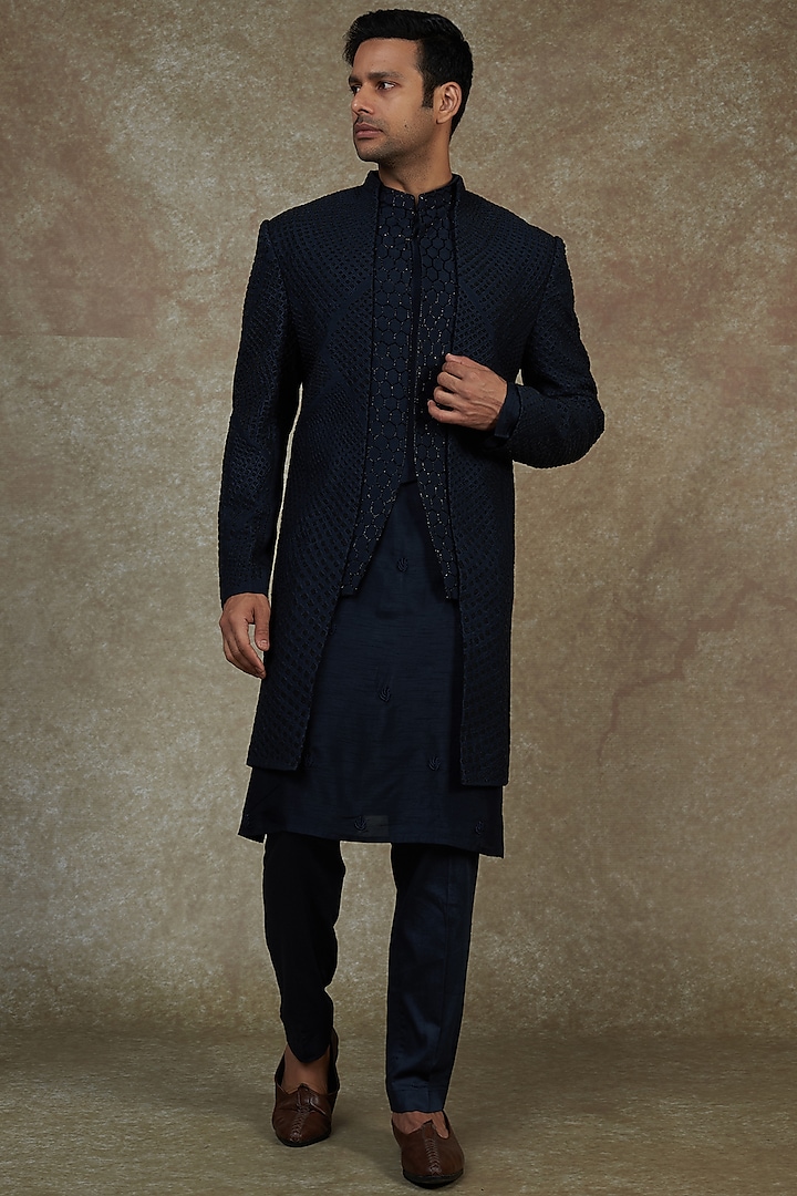Midnight Blue Silk Embroidered Indo-Western Set by PAARSH
