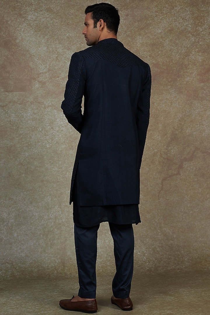 Midnight Blue Silk Embroidered Indo-Western Set by PAARSH at Pernia's Pop Up Shop