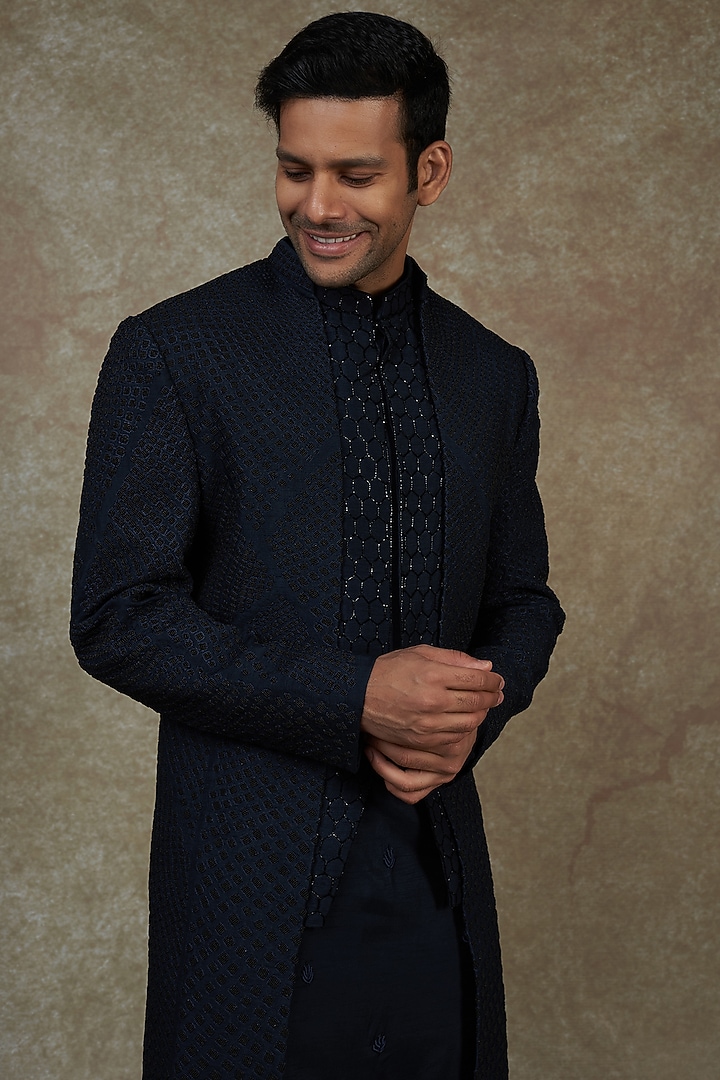 Midnight Blue Silk Embroidered Indo-Western Set by PAARSH at Pernia's Pop Up Shop