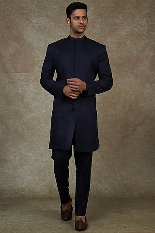 Navy Blue Raw Silk Embroidered Sherwani Set by PAARSH