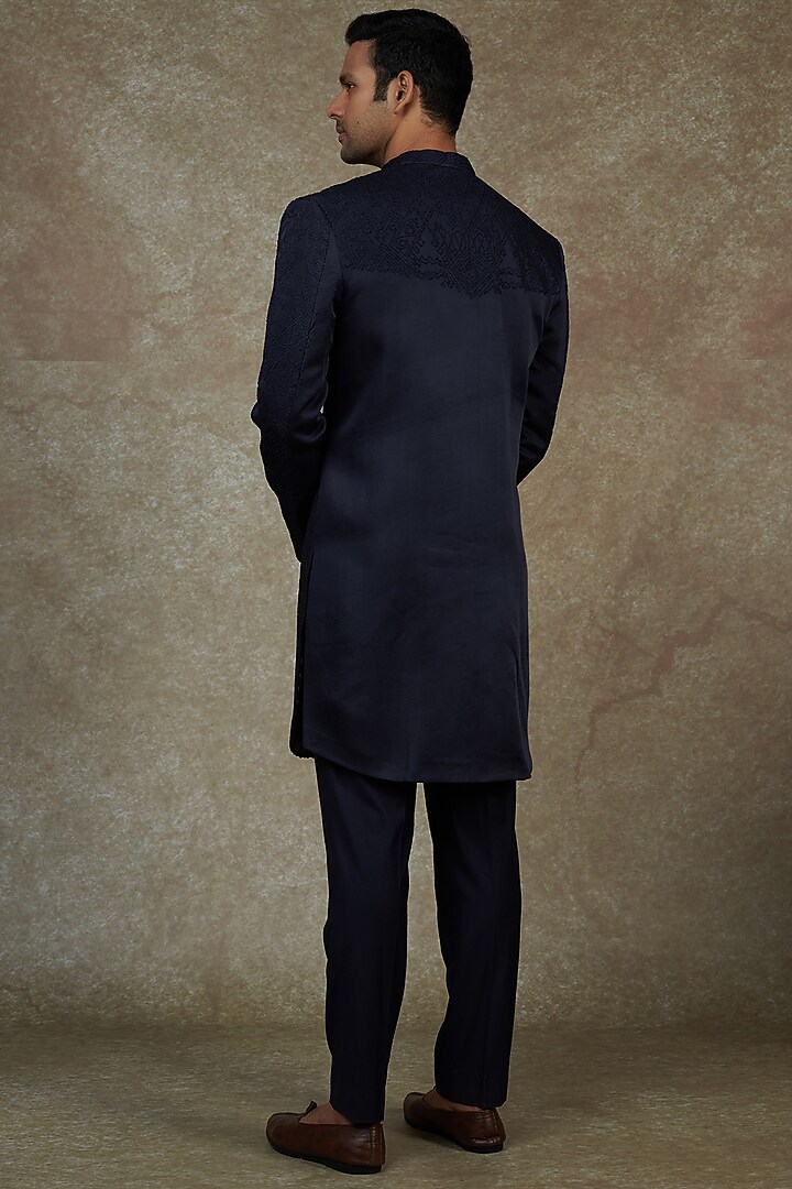 Navy Blue Raw Silk Embroidered Wedding Sherwani Set by PAARSH at Pernia's Pop Up Shop