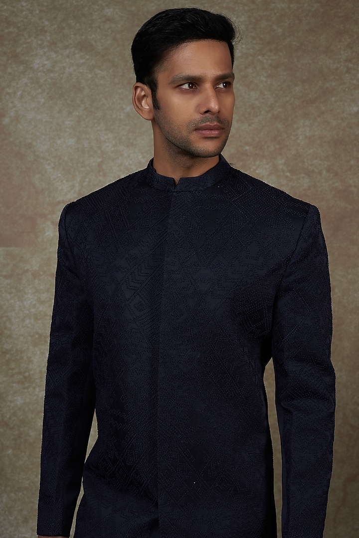 Navy Blue Raw Silk Embroidered Wedding Sherwani Set by PAARSH at Pernia's Pop Up Shop