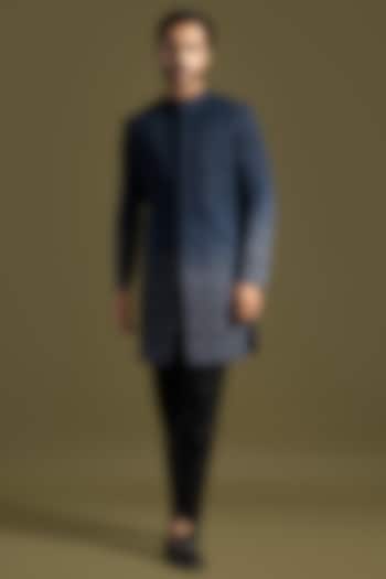 Navy Blue to Grey Shaded Linen Satin Embroidered Achkan Set by PAARSH at Pernia's Pop Up Shop