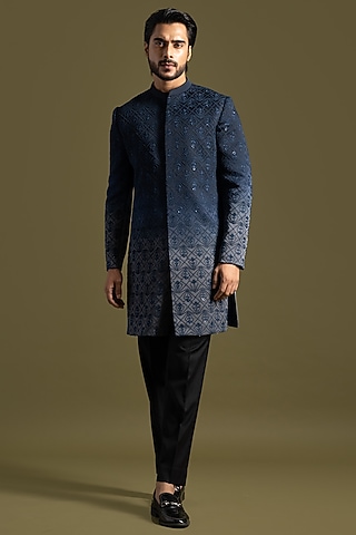 Navy Blue to Grey Shaded Linen Satin Embroidered Achkan Set by PAARSH