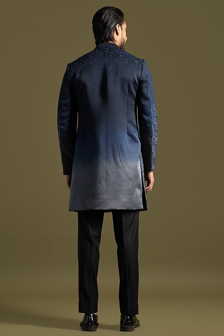 Navy Blue to Grey Shaded Linen Satin Embroidered Achkan Set by PAARSH at Pernia's Pop Up Shop