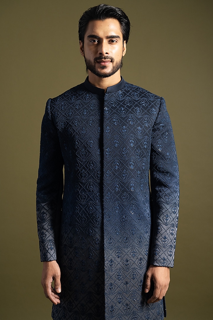 Navy Blue to Grey Shaded Linen Satin Embroidered Achkan Set by PAARSH at Pernia's Pop Up Shop