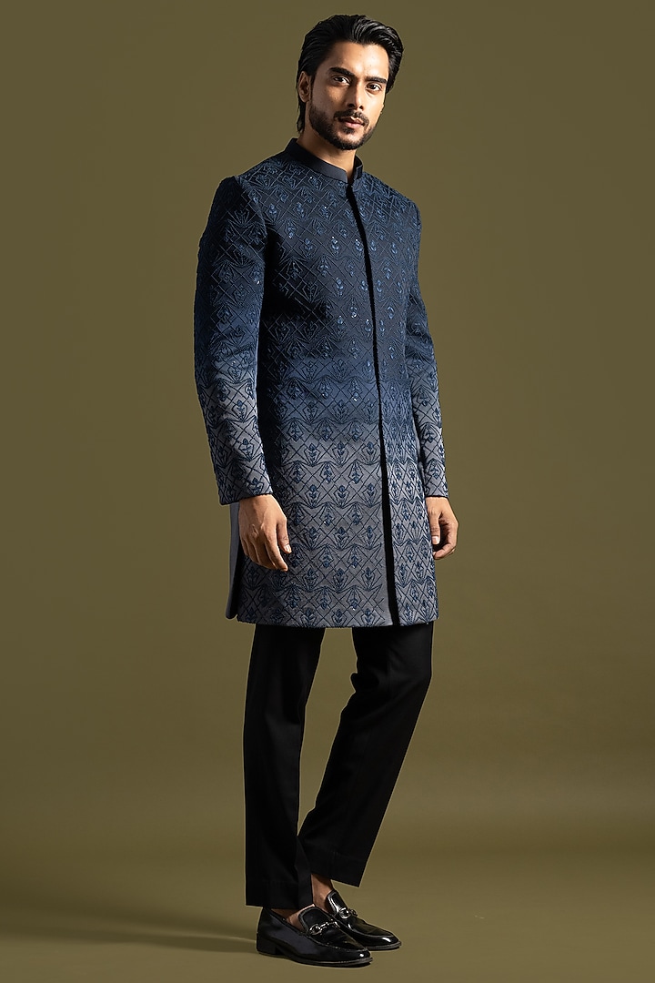 Navy Blue to Grey Shaded Linen Satin Embroidered Achkan Set by PAARSH at Pernia's Pop Up Shop