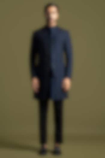 Navy Blue Bemberg SIlk Cutdana Embroidered Paneled Achkan Set by PAARSH at Pernia's Pop Up Shop