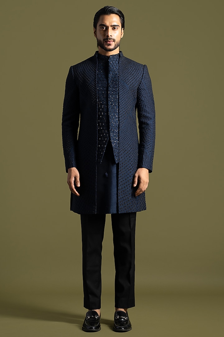 Navy Blue Bemberg SIlk Cutdana Embroidered Paneled Achkan Set by PAARSH at Pernia's Pop Up Shop