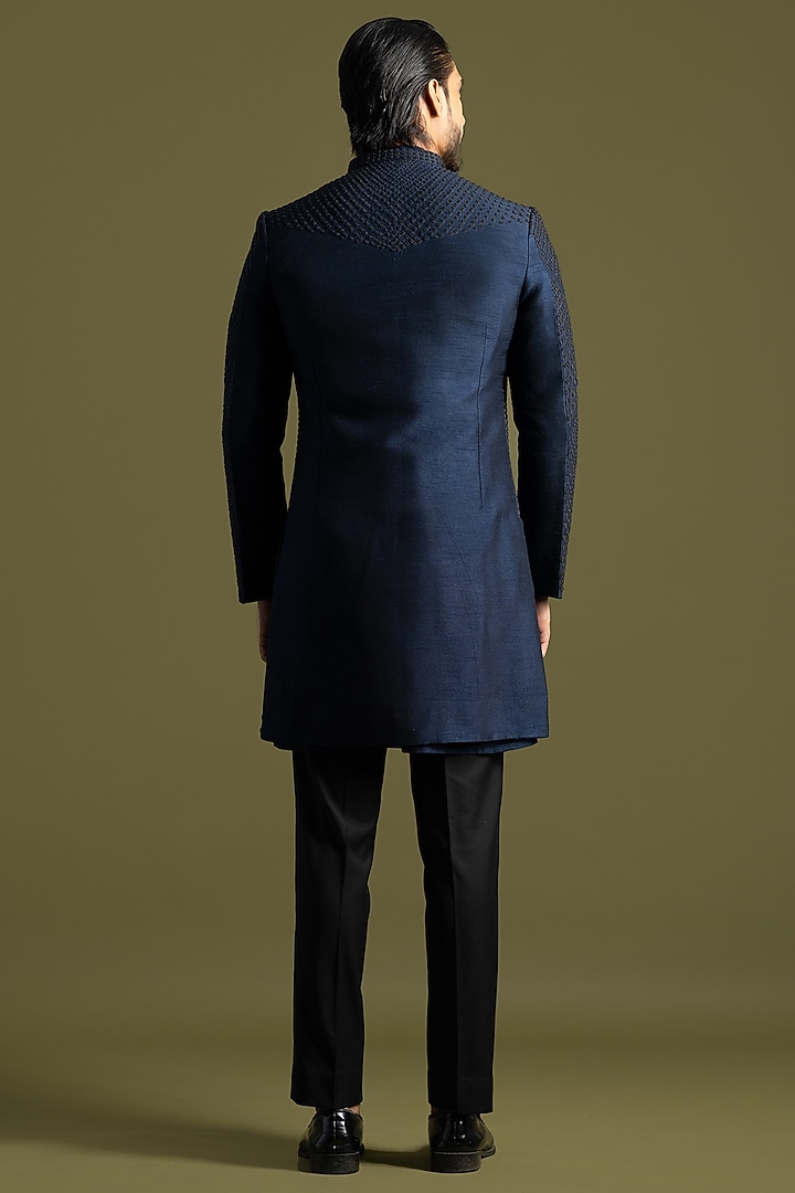 Navy Blue Bemberg SIlk Cutdana Embroidered Paneled Achkan Set by PAARSH at Pernia's Pop Up Shop