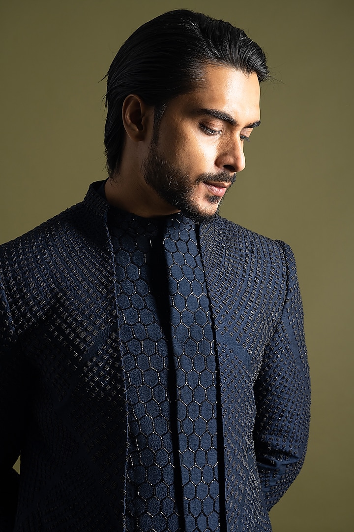 Navy Blue Bemberg SIlk Cutdana Embroidered Paneled Achkan Set by PAARSH at Pernia's Pop Up Shop