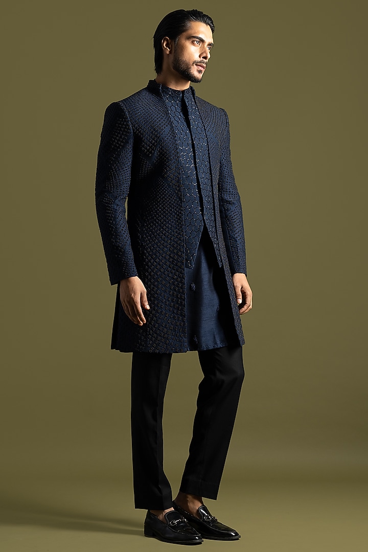 Navy Blue Bemberg SIlk Cutdana Embroidered Paneled Achkan Set by PAARSH at Pernia's Pop Up Shop