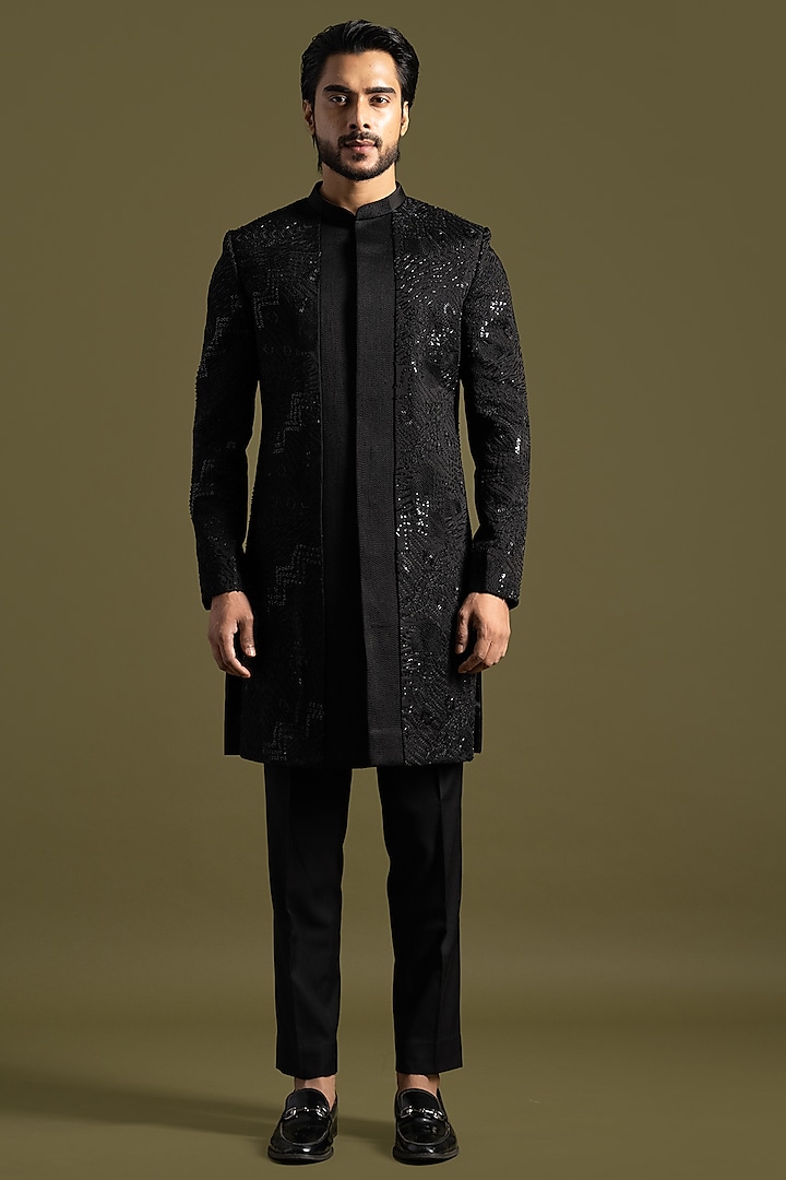 Black Linen Satin Thread & Sequins Embroidered Achkan Set by PAARSH
