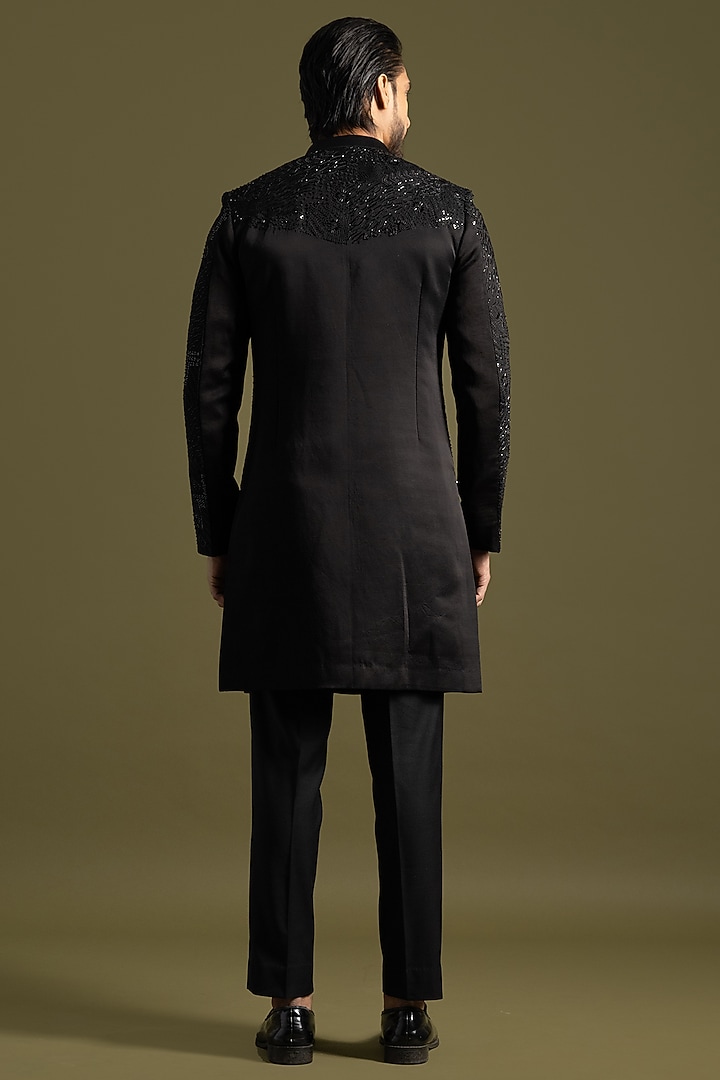 Black Linen Satin Thread & Sequins Embroidered Achkan Set by PAARSH at Pernia's Pop Up Shop