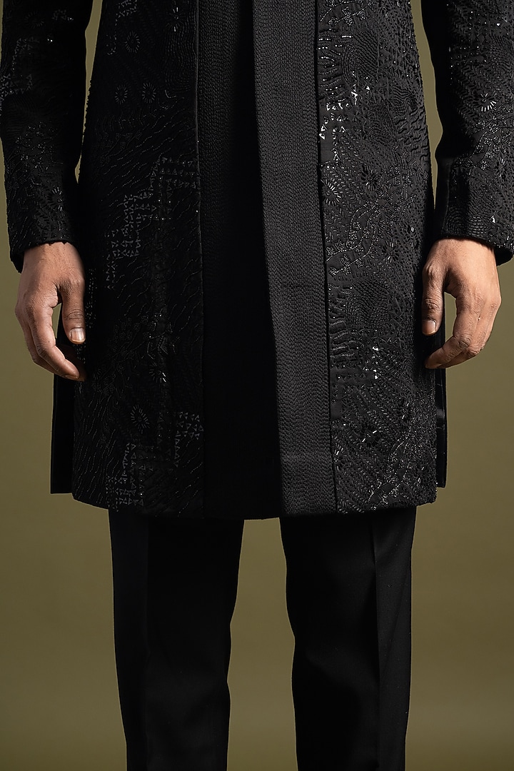 Black Linen Satin Thread & Sequins Embroidered Achkan Set by PAARSH at Pernia's Pop Up Shop