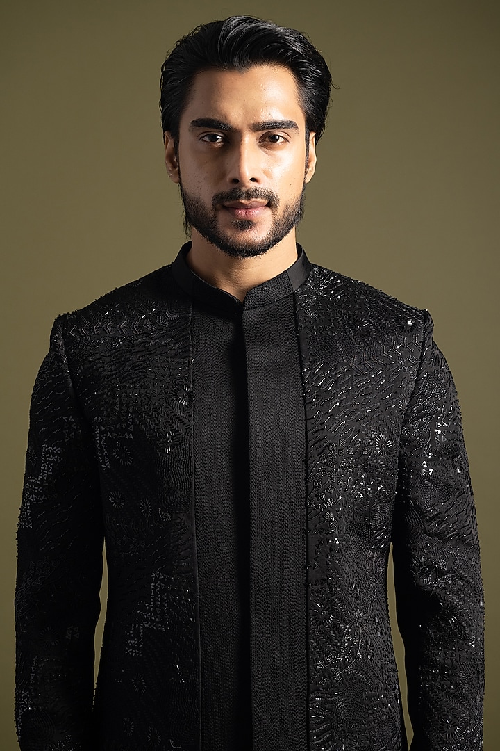 Black Linen Satin Thread & Sequins Embroidered Achkan Set by PAARSH at Pernia's Pop Up Shop