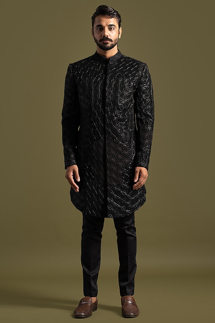Black Suiting Thread & Cutdana Embroidered Achkan Set by PAARSH