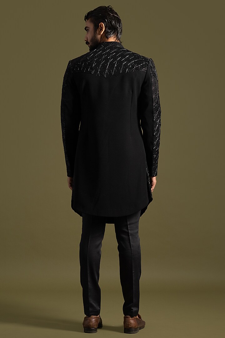 Black Suiting Thread & Cutdana Embroidered Achkan Set by PAARSH at Pernia's Pop Up Shop