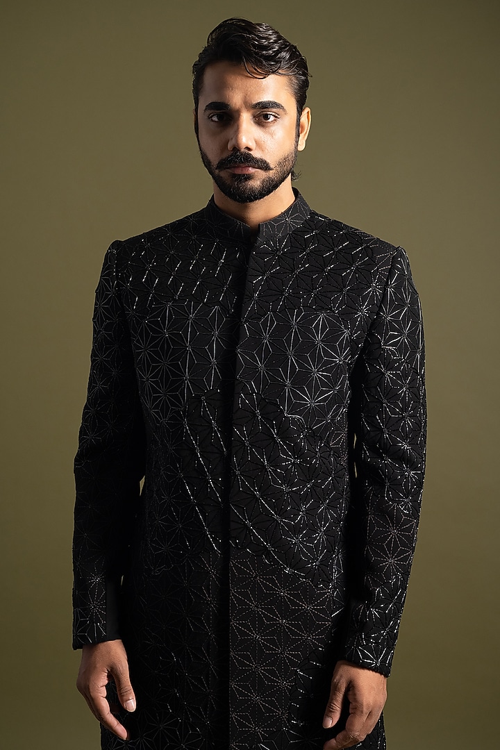 Black Suiting Thread & Cutdana Embroidered Achkan Set by PAARSH at Pernia's Pop Up Shop