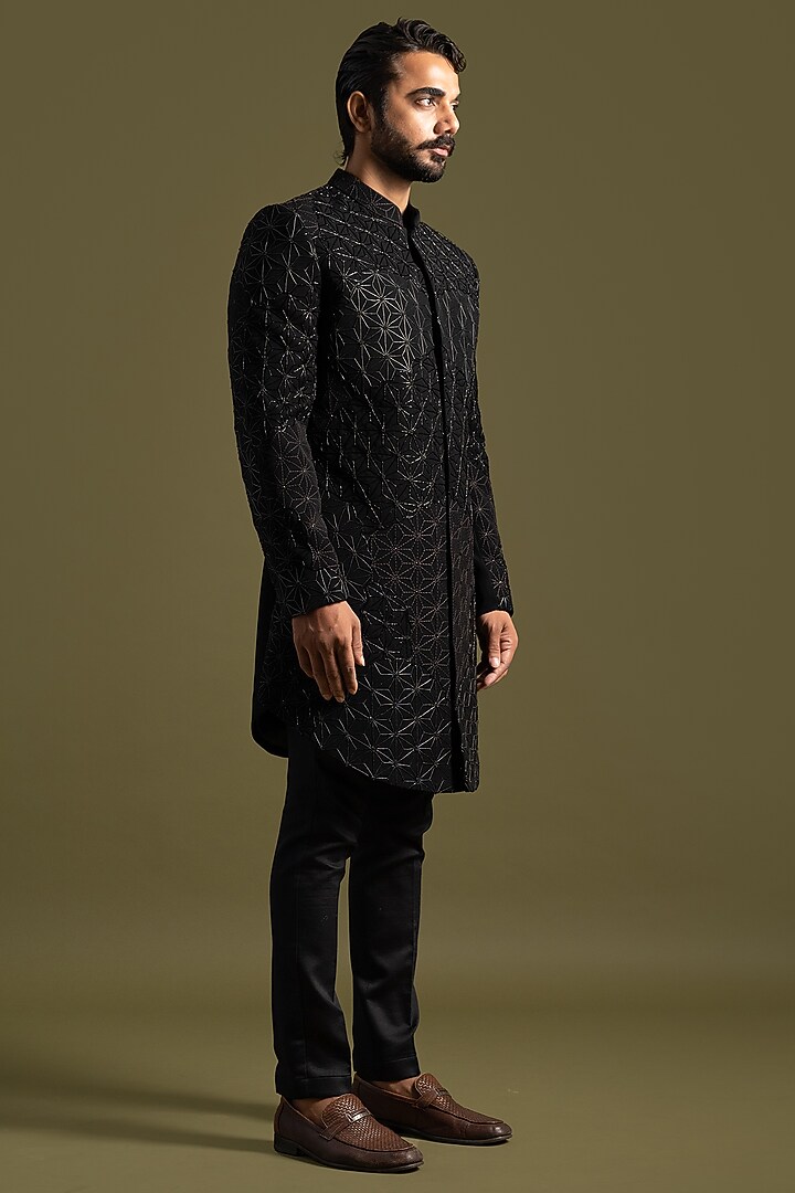 Black Suiting Thread & Cutdana Embroidered Achkan Set by PAARSH at Pernia's Pop Up Shop