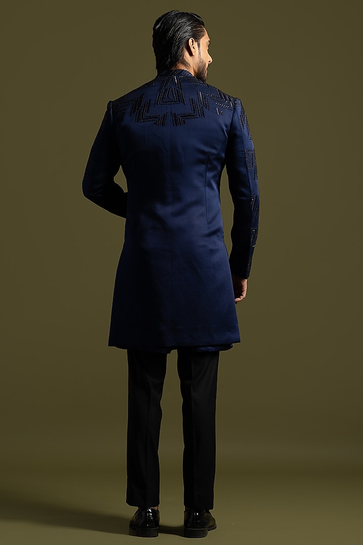 Navy Blue Linen Satin Thread & Cutdana Embroidered Achkan Set by PAARSH at Pernia's Pop Up Shop