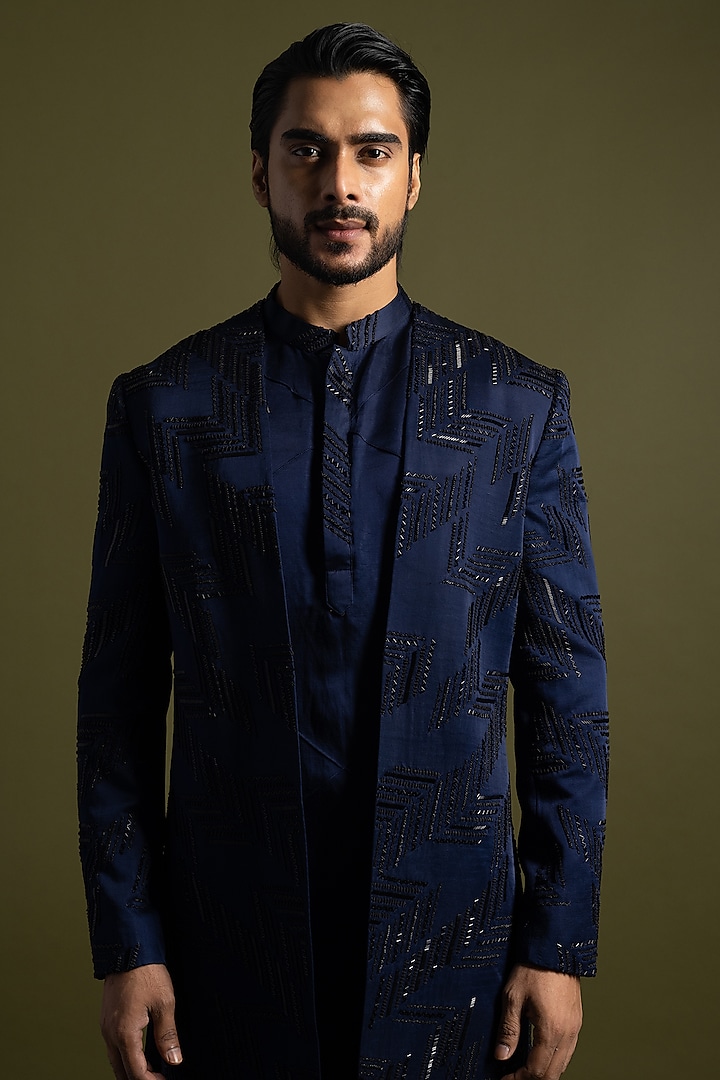Navy Blue Linen Satin Thread & Cutdana Embroidered Achkan Set by PAARSH at Pernia's Pop Up Shop